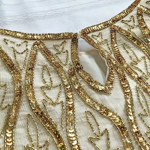 Vtg 80s ANUJAN CREATIONS 100% Silk Ivory Gold Beaded Art Deco Zig Zag Top Size M - Picture 4 of 6